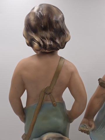 Paor huge 1920 French Art Deco Chalkware polychrome boy & girl figurine statues