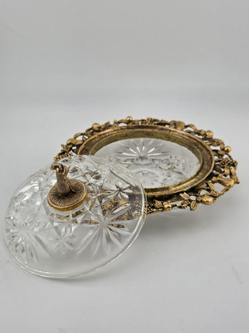 Antique Victorian Ormolu Cut Crystal Covered Vanity Dish W Floral Lid, C 1890.