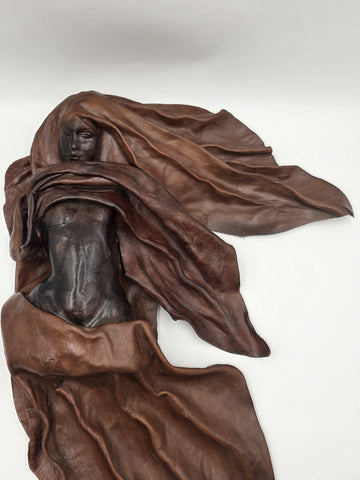 One Of A Kind XL Signed Costa Rican Hand Sculpted Leather Wall Relief Woman 1970