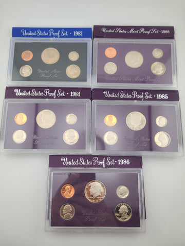 1984, 85, 86 & 89 U.S. Mint Proof Set Lot (5 Sets) Complete Original Packaging