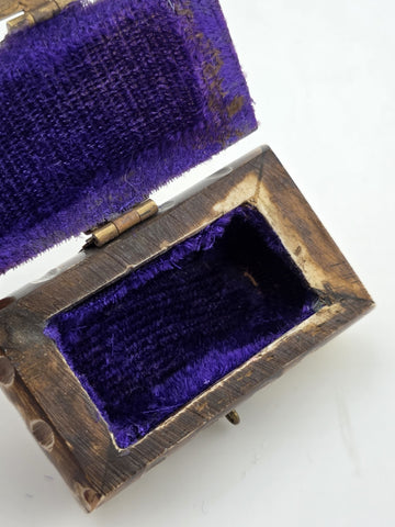 Antique Camel Bone Brass Cut Out Jewelry Trinket Box With Blue Felt Lining