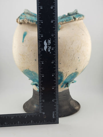 Rare Unique One Of A Kind Vintage Crackled Style Ceramic Vase W 2 Openings.