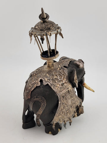 Rare Antique Indian Ebony Silver Overlay Jeweled Elephant W Real Ruby Stone.