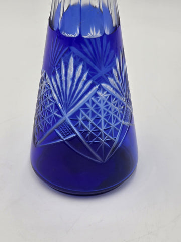 Bohemian Cobalt Cut to Clear Crystal Vase 10” Starburst Fan Pattern Vintage