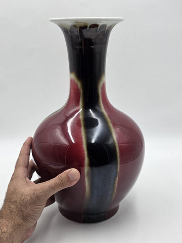 Vtg Chinese Flambe Sang de Boeuf Porcelain Vase Qianlong Mark 14" Oxblood Glaze