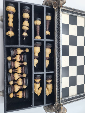 Rare Vintage Large Renaissance Style Resin Chess Set w Drawer Medieval Board 16”