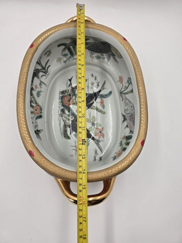 Antique XL Chinese handpainted Red porcelain 24kt gold Oval Footbath, Jardiniere