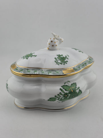 Vintage Collectible Herend Chinese Bouquet Green Cov Bonbon W/Bunny. Read.
