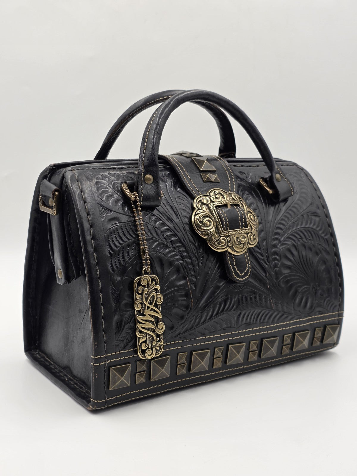 American West Brown Tooled Structured Leather Doctor Style Satchel Shoulder Bag