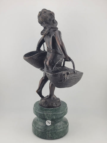 Antique Suzanne Bizard 1873 - 1963 Bronze Sculpture - Girl with Baskets 11 1/2"
