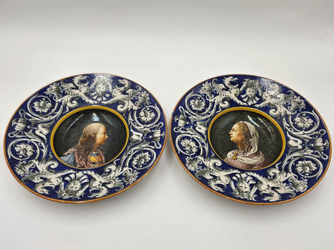 Antique Pair Of Ginori Doccia Renaissance Revival Majolica Portrait Plates c1880