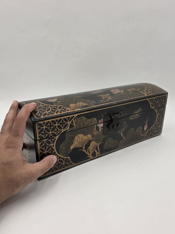 Rare Vintage Chinese Lacquer Scroll Box Gold Gilt Floral Birds Document Case