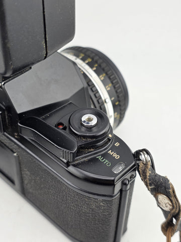 Vintage 70's Nikon EM 35mm Film Camera + 50mm f1.8 Lens + Vivitar Flash Untested