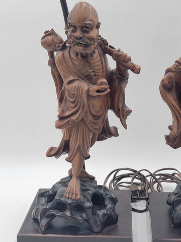 Pair Of Antique C 1910's Chinese Handcarved Boxwood Statues Made Into Lampshades