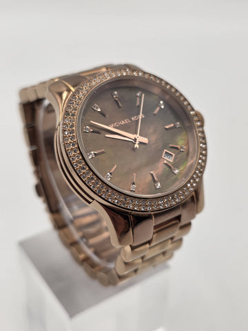 Michael Kors MK5494 Rose Gold Watch Mother of Pearl Dial Crystal Bezel 42mm Runs