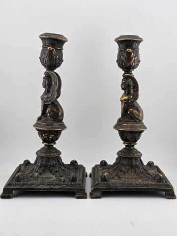 Ultra Rare 19th Century Egyptian Revival Gilt Bronze Sphinx Candlestick Holders