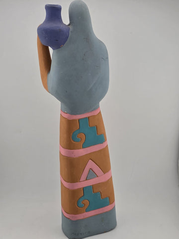 Vintage Handmade Painted Clay Indeginous Pottery Woman Holding Pot 15" High