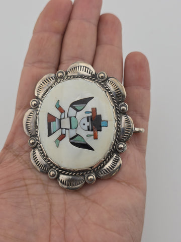 Vtg Zuni Native Kachina Turquoise Coral Inlay Sterling Silver Pin Brooch Pendant