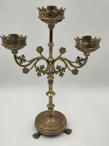 Pair Of Exquisite 19th C Gothic Revival Brass Candelabra W Three Candle Sockets