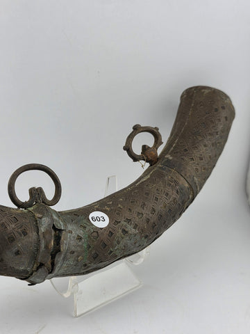 Rare Antique Ornate 19thC Brass Steel Islamic Black Powder Horn Shot Flask C1850