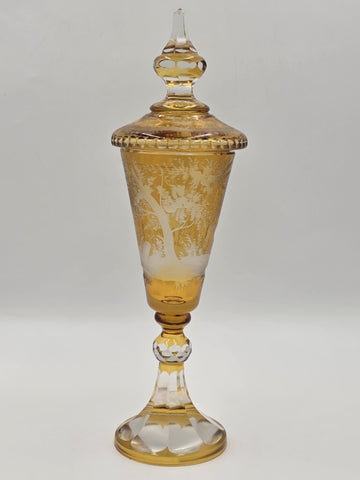 Rare Antique C1920's Bohemian Amber Cut to Clear Lidded Goblet Stag Forest Scene