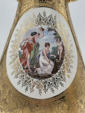 Pair Vintage Le Mieux 24 Karat Gold Handled Vases Victorian Scene Ladies Cherubs