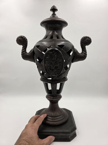 Antique Heavy Bronze Neoclassical Urn Ram Head Handles Pierced Vase Empire Style