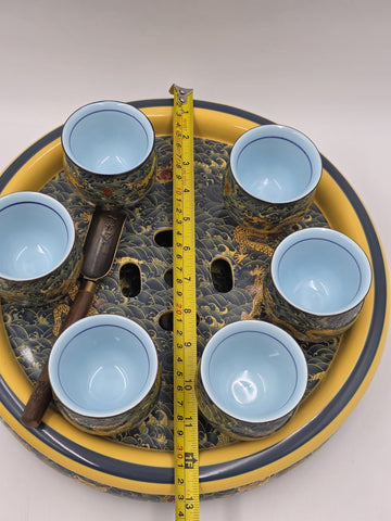 Chinese Qianlong Mark Porcelain Dragon Gongfu Tea Set Teapot 6 Cups Tray. New.