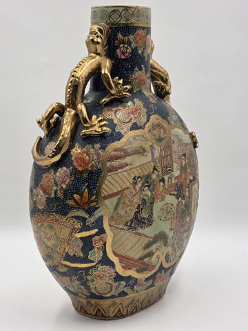 Vintage Royal Satsuma Moon Flask Bottle Vase Gold Gilt Dragon Handles Large 14"