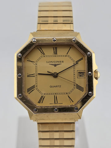 Vintage Longines 4898 Quartz Gold Plated Octagonal Watch Roman Dial Date Working