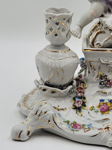 Rare Antique 19th C Porcelain Candle Holder Stand W Cherub & Flowers. Stamped.