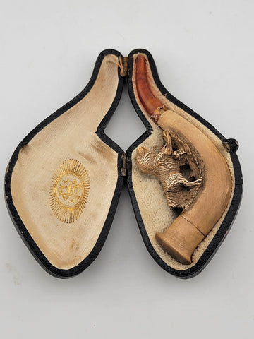 Antique 1920's French Dog Meerschaum & Amber Cigarette Holder W Original Case.