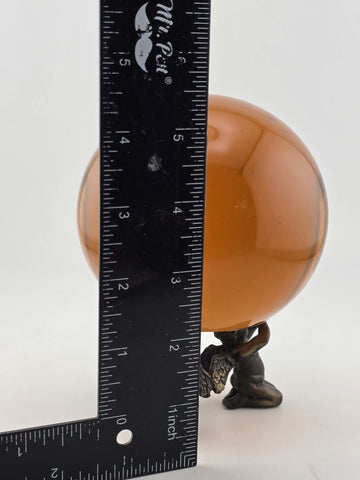 Vintage Amber Glass Crystal Ball Sphere w/ Brass Cherub Putti Base 4” Inch Dia.