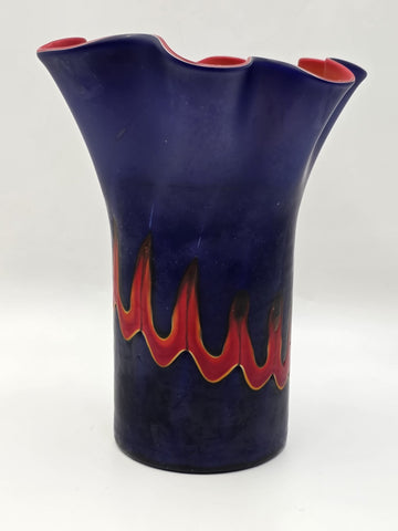 Vtg Azerbaijan Hand-Blown Art Glass Vase 13” Cobalt Red Flame Design Ruffled Top