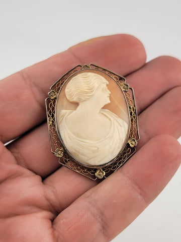 Vintage Art Deco Sterling framed portrait carved shell pendant brooch 1&1/2inch
