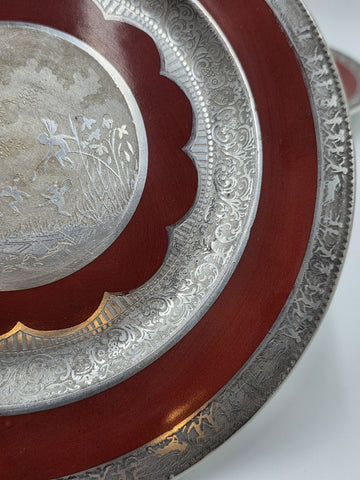 Set of 3 Antique Czech Silver Inlaid Red Enamel Fairy Plates c.1910 Art Nouveau