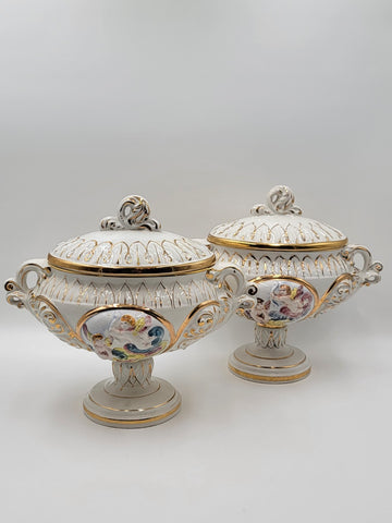 Set Of 2 Keramos Capodimonte Italy Cherub Centerpiece Vase Lidded Pedestal Bowls