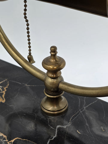 1920 Art Deco Brass Barrel Desk Lamp on Portoro Marble Base Dual Brass Inkwells