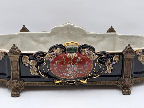 ANTIQUE XL CASTILIAN PORCELAIN BRONZE BOWL CENTERPIECE CLAWFOOT FLORAL VICTORIAN