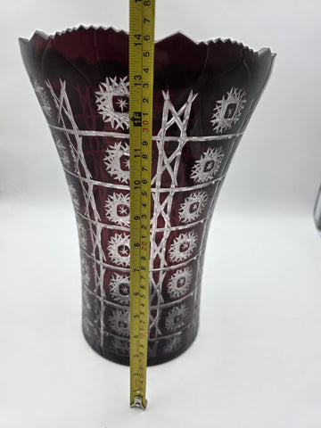 Rare Huge XL Bohemian Czech Ruby Cut to Clear Crystal Vase 14" Star Pattern