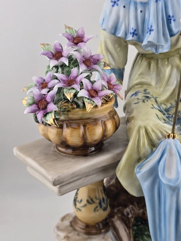 Vintage Dresden RK Germany Large Porcelain Figurine Lady W Parasol Flowers 12”