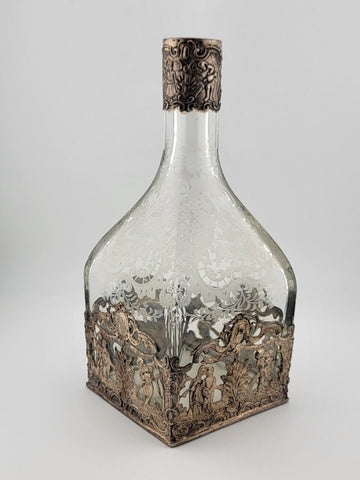 Rare 19th C German Hanau 800 Silver & Etched Crystal Stork & Sinsheimer Decanter