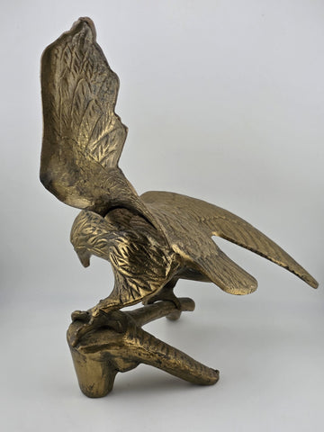 Vintage MCM Large Brass American Bald Eagle Perched on a Branch 14" Wingspan