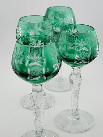 Set Of 4 Lausitzer Bohemian Crystal Green Cut Glass Etched. No Chips Or Cracks