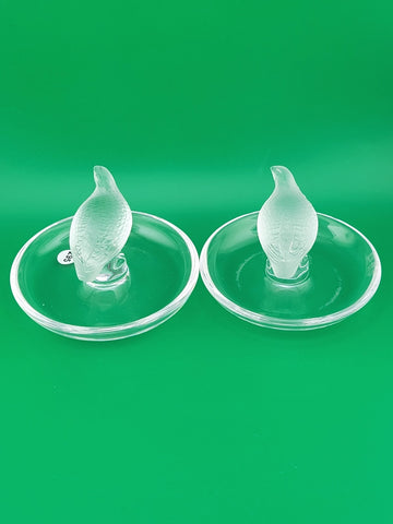 Set Of 2 Lalique Crystal Glass Partridge Quail Bird Ring Holder Trinket Dish