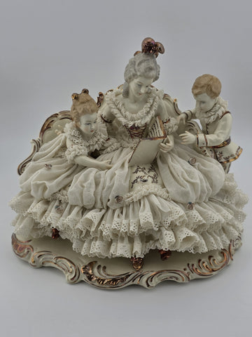 Large Dresden Art Germany Lace Porcelain Figurine Lady w Children W Sofa Reading