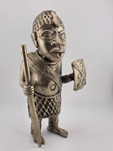 Rare Set Of 3 Monumental 19th C African Benin Oba Warrior Bronze Sculptures