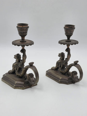 Antique Pair Solid Bronze Griffin Candlesticks Renaissance Revival Winged Lions