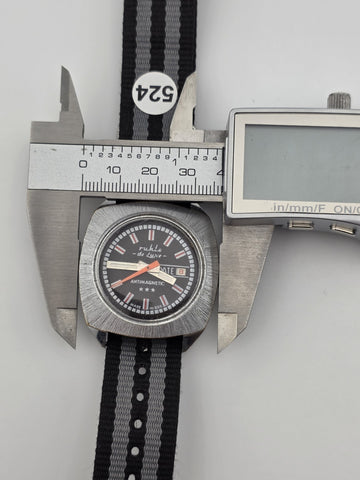 1970 German Ruhla De Luxe GDR Mechanical Day Date 37mm Cushion Case Watch Works