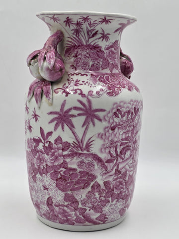 Vintage Chinese Porcelain Pink Chinoiserie Vase w Pommegranate Flowered Handles